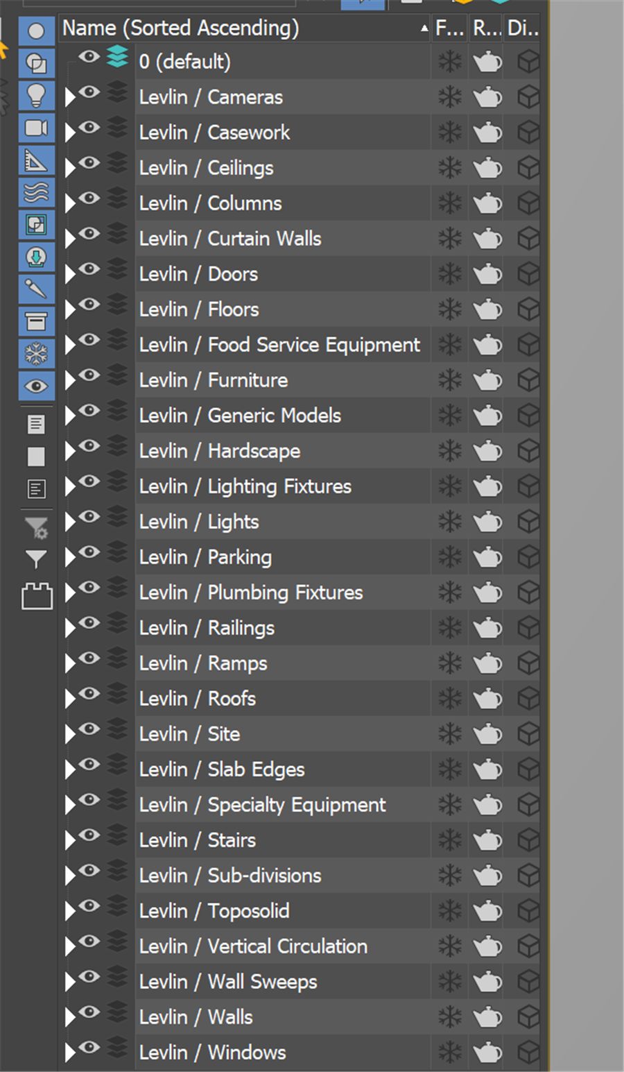 3ds Max layer explorer: Levlin / Cameras, Casework, Ceilings, Columns, Curtain Walls, Doors, Floors … Windows — one layer per Revit category