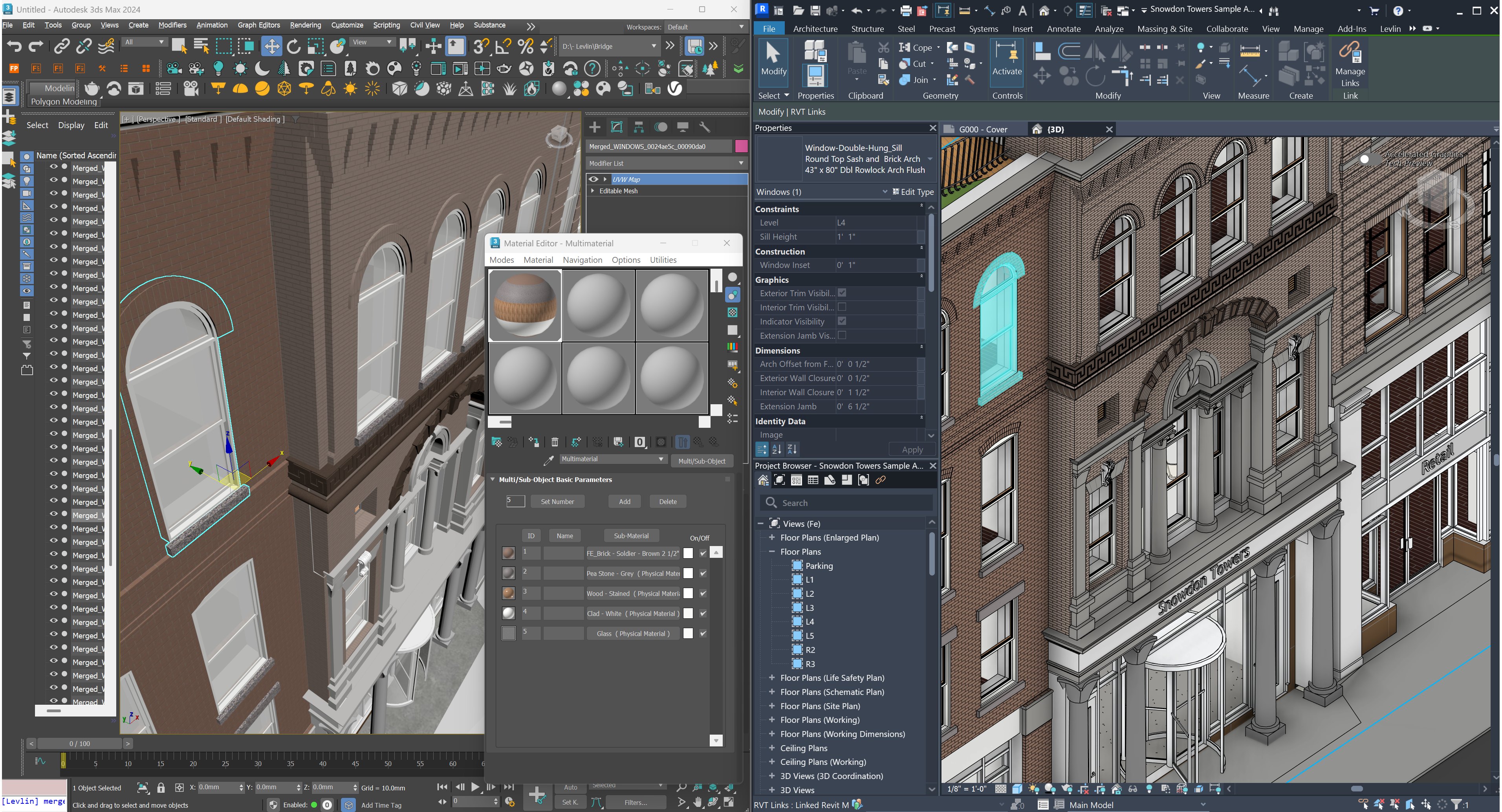 3ds Max and Revit side by side: a double-hung window with a brick arch selected in both; in 3ds Max it is one object, an Editable Mesh with a UVW Map, and the Material Editor shows its Multi/Sub-Object material with five sub-materials