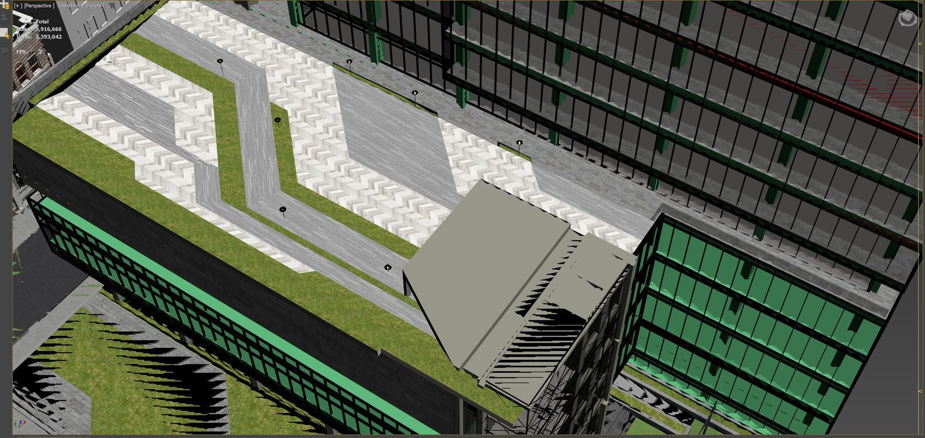 3ds Max perspective view: the same podium landscape and facade, where it was modelled