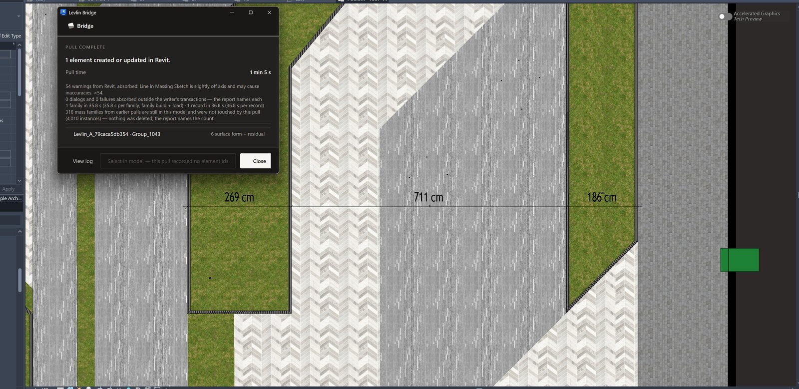 Revit floor plan after the re-pull: dimensions 269 cm, 711 cm, 186 cm; Pull complete: 1 element created or updated in Revit, 1 min 5 s