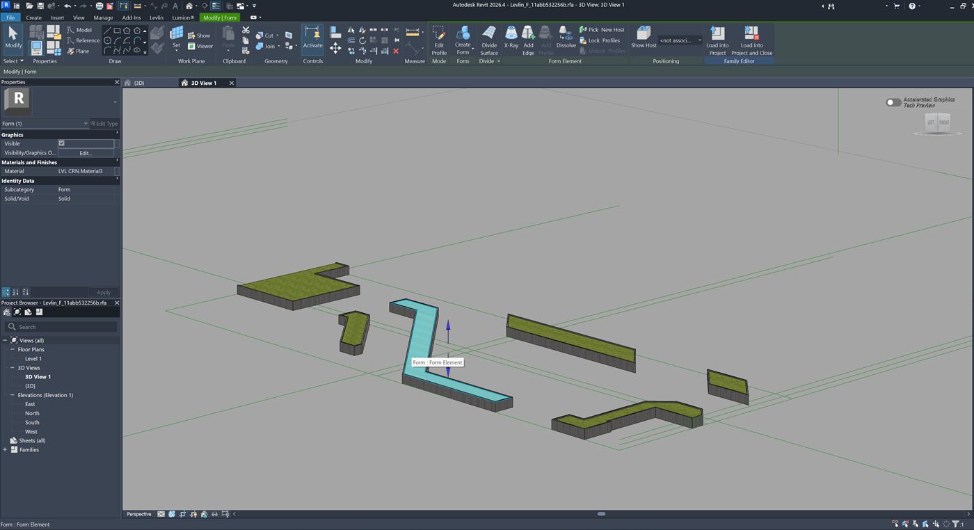 Revit family editor: the returned form as a solid Mass family element