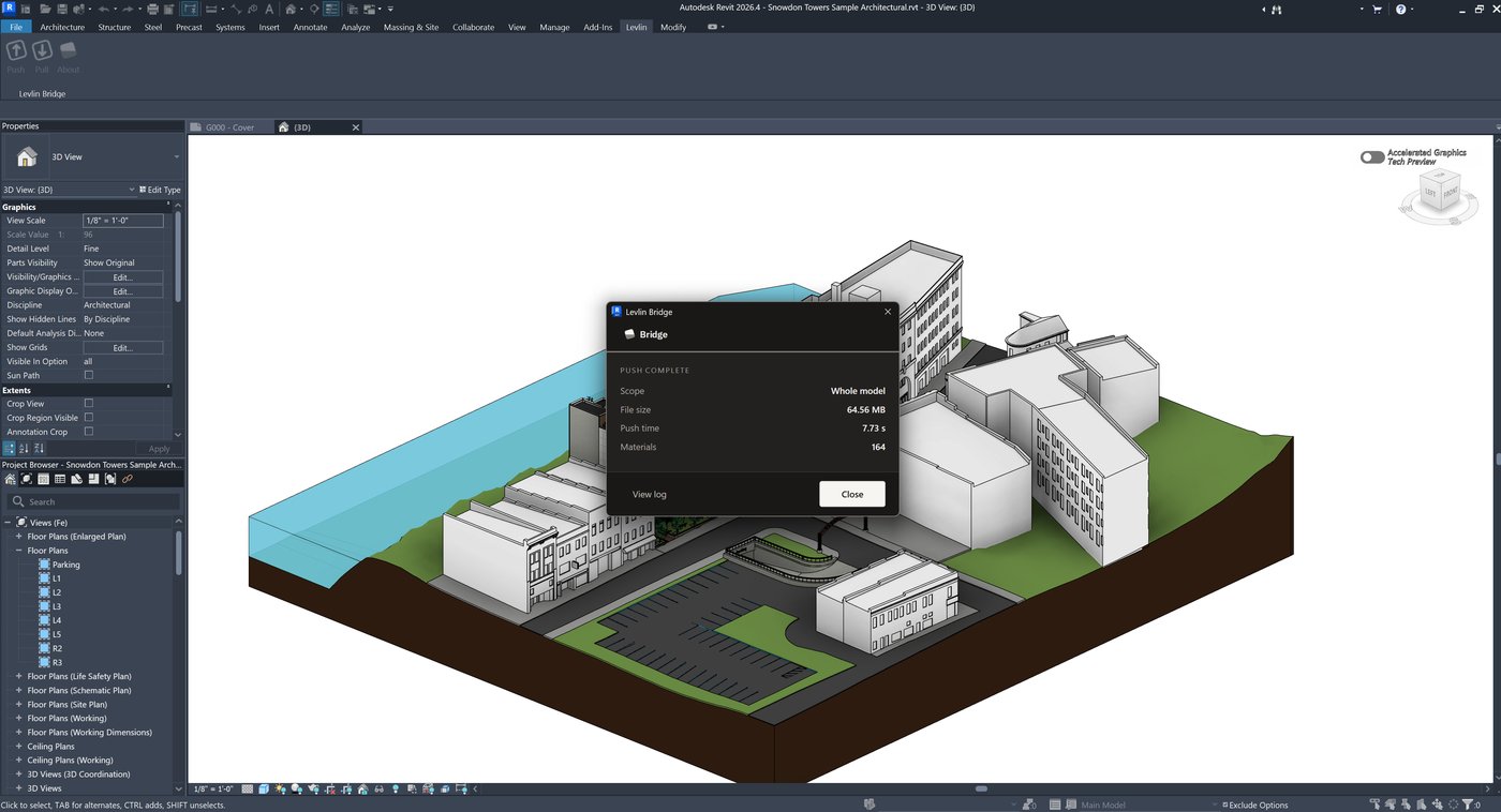 Revit, Push complete dialog: whole model, 64.56 MB, push time 7.73 s, 164 materials